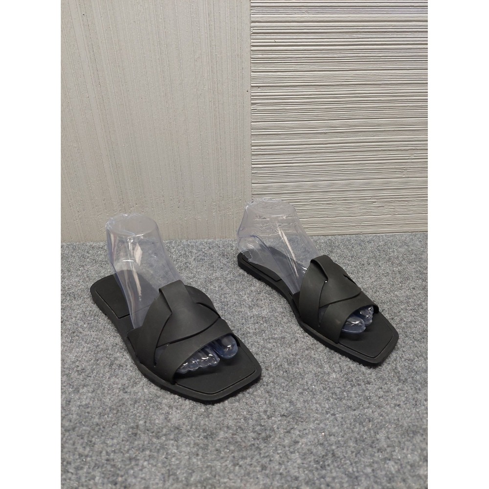 ZARA Women Strap Slide Shoe 7‎ Black Rubber Square Toe Casual Comfort Summer